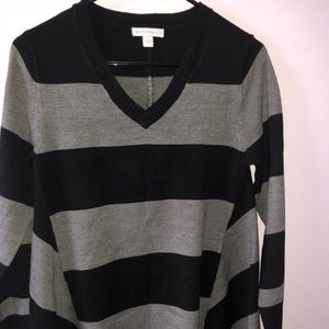 Black and gray striped v-neck sweater